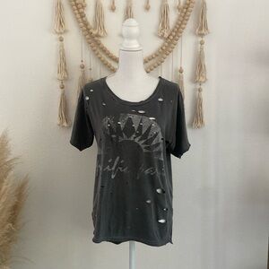 Free People distressed tee charcoal grey pacific park sunset holey xs runs big